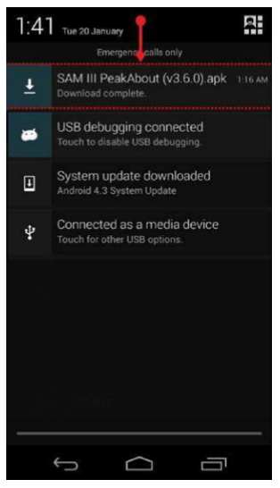 Smartphone status menu showing the downloaded SAM III PeakAbout apk ready to install