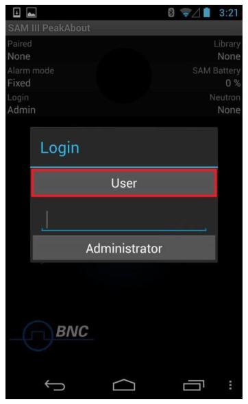 PeakAbout login screen with User and Administrator options