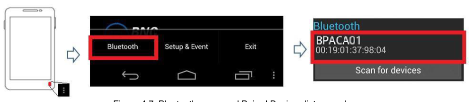 Bluetooth menu and Paired Devices list showing a detector unit named BPACA1