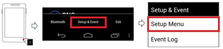 Navigation from the menu button to Setup and Event, then Setup Menu