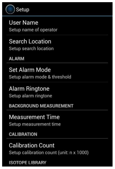 Setup menu screen showing User Name, Search Location, Set Alarm Mode, and Alarm Ringtone