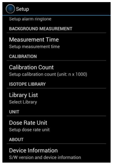 Setup menu screen showing Calibration Count, Library List, Dose Rate Unit, and Device Information