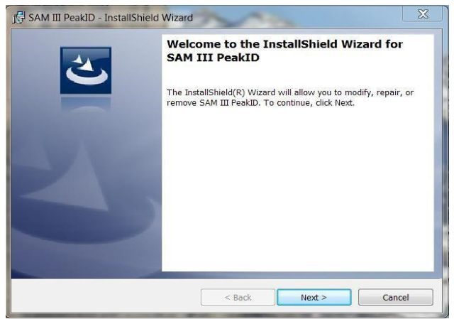 InstallShield Wizard welcome screen for SAM III PeakID