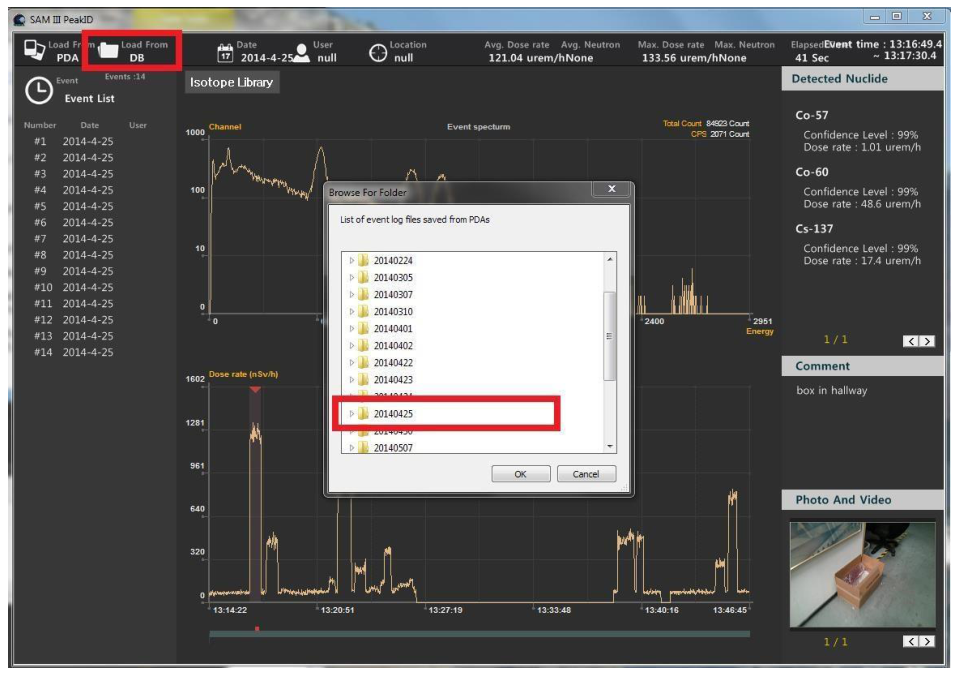 PeakID Event Log download from a saved database with the folder browsing window