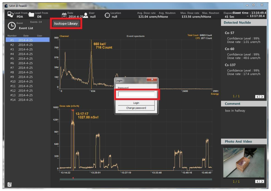 PeakID Isotope Library login prompting for the Administrator password