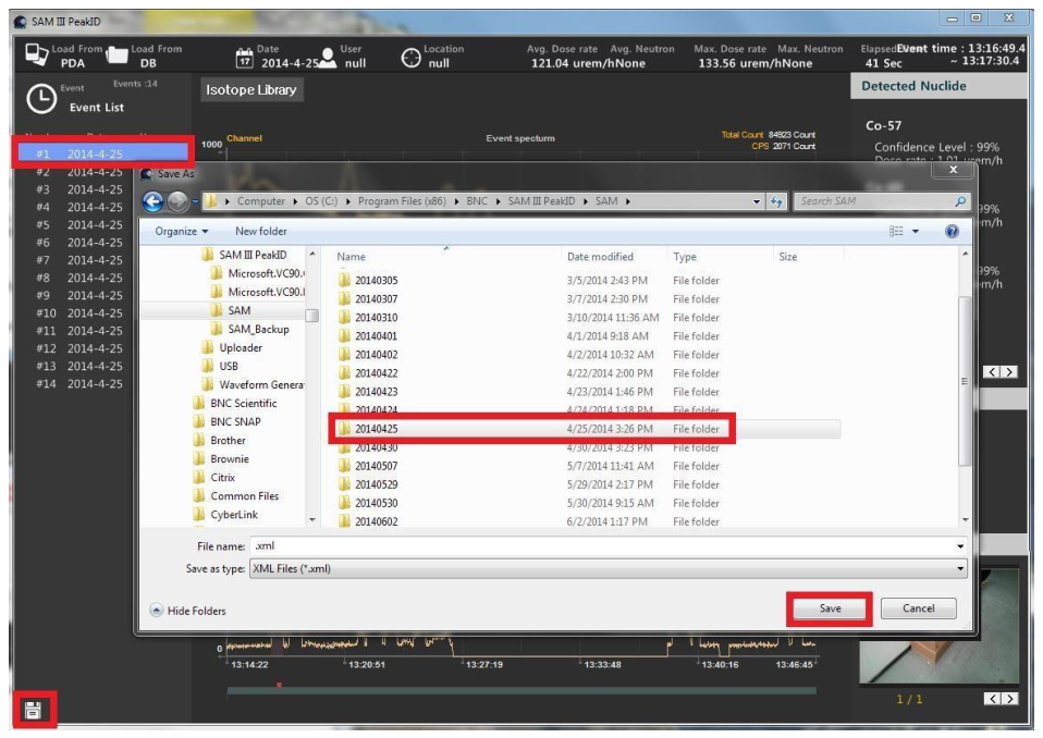 PeakID saving event data in XML format with the destination directory dialog