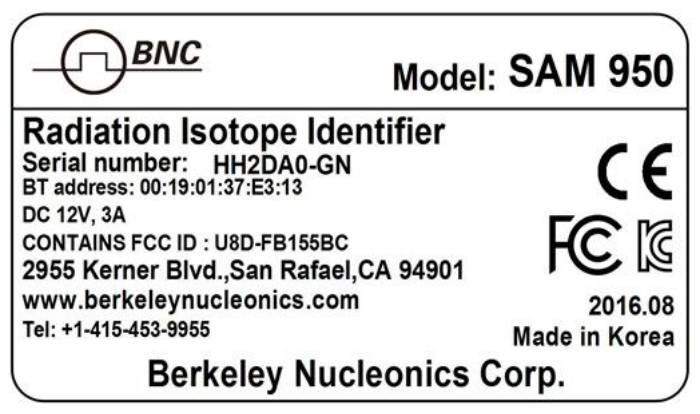 SAM 950 rear label showing serial number, power requirements, FCC ID, CE mark and FCC mark