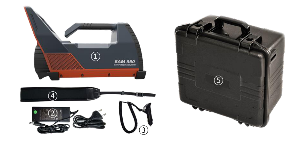 SAM 950 detector unit, DC adaptor, vehicle charger, shoulder strap and carrying case