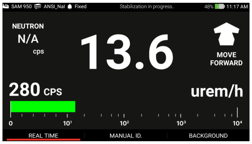SAM 950 PDA main screen showing gamma dose rate and count rate