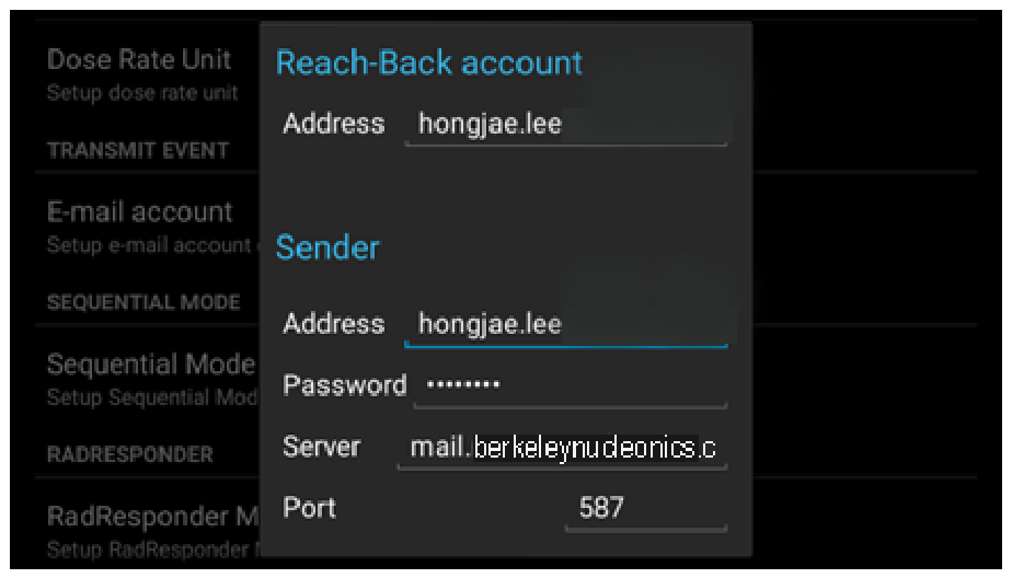 Reach-Back account setup screen with receiver address, sender address, password, server and port