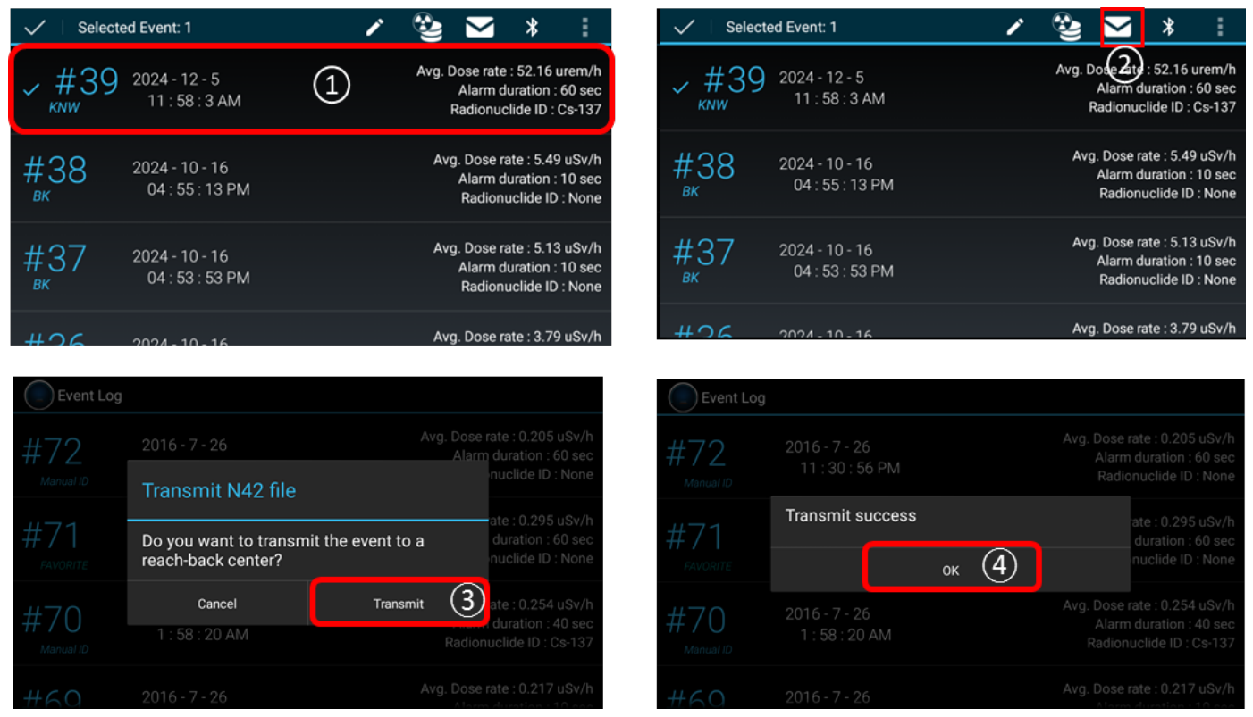 Sending an event from the Event Log to Reach-back, transmit N42 file dialog
