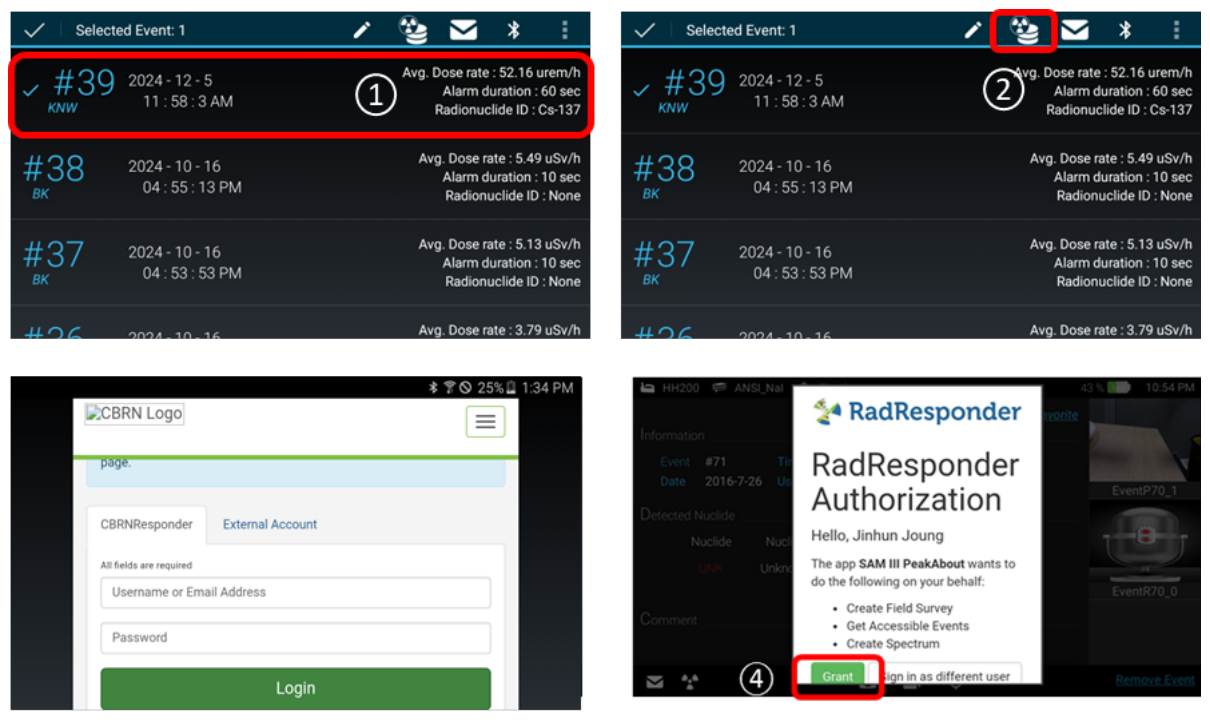 Sending an event from the Event Log to RadResponder, sign-in and authorization screens