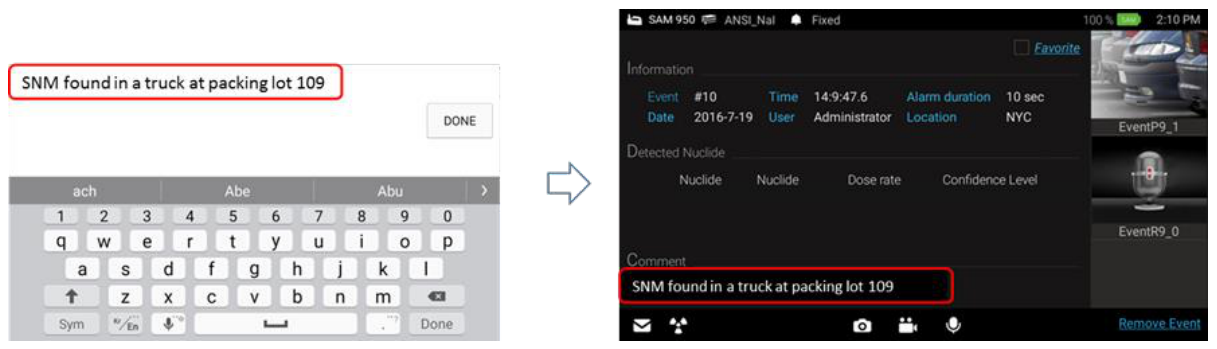 Attach text comment procedure with keypad and typed comment