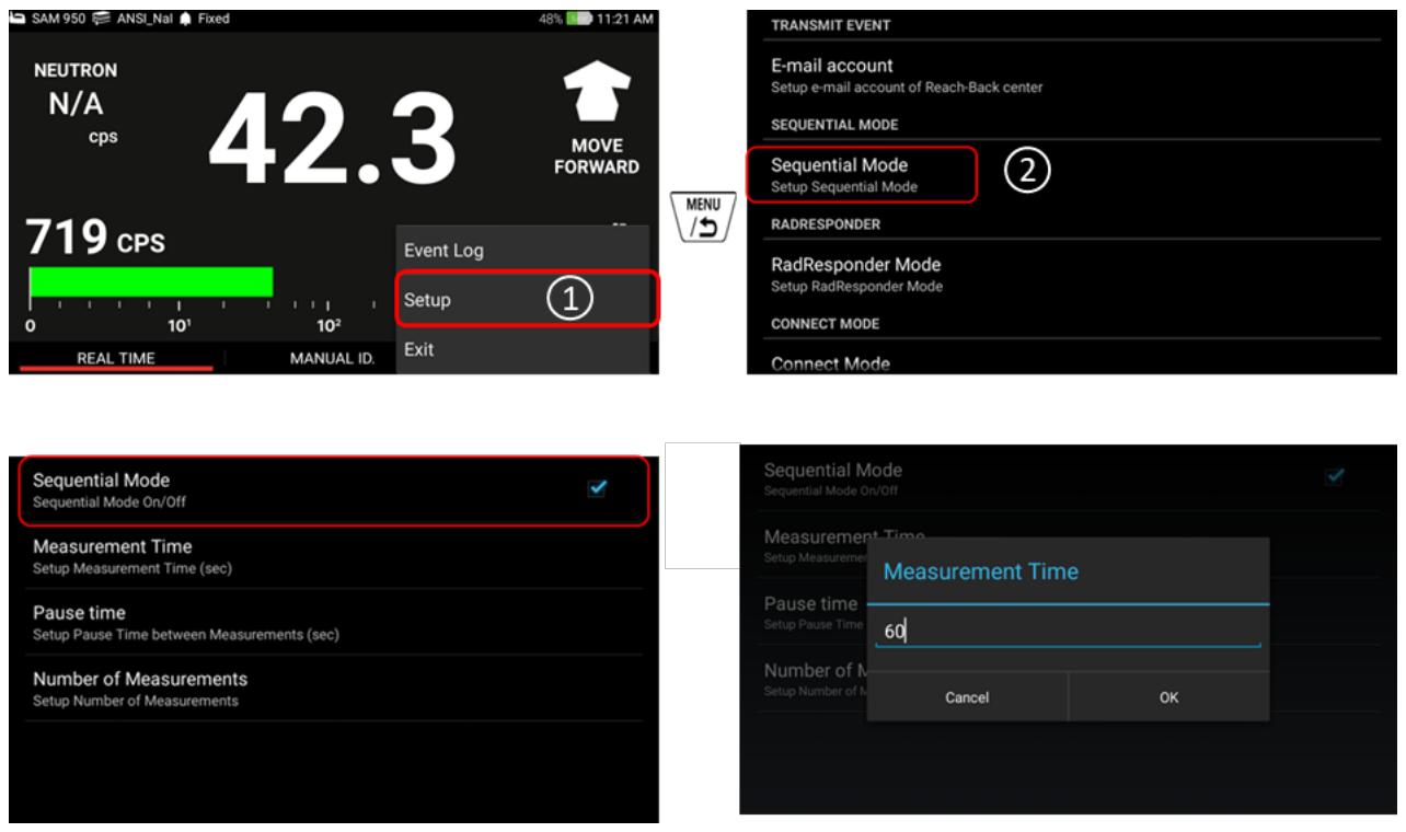 Optional Sequential Mode setup: enable checkbox, measurement time, pause time, number of measurements