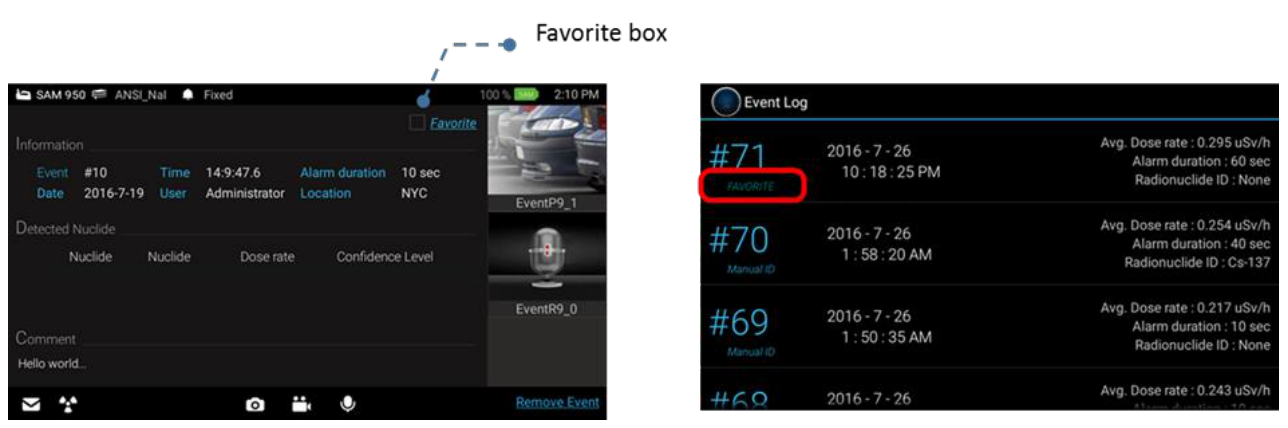 Favorite checkbox on the event screen and FAVORITE tag in the event log list