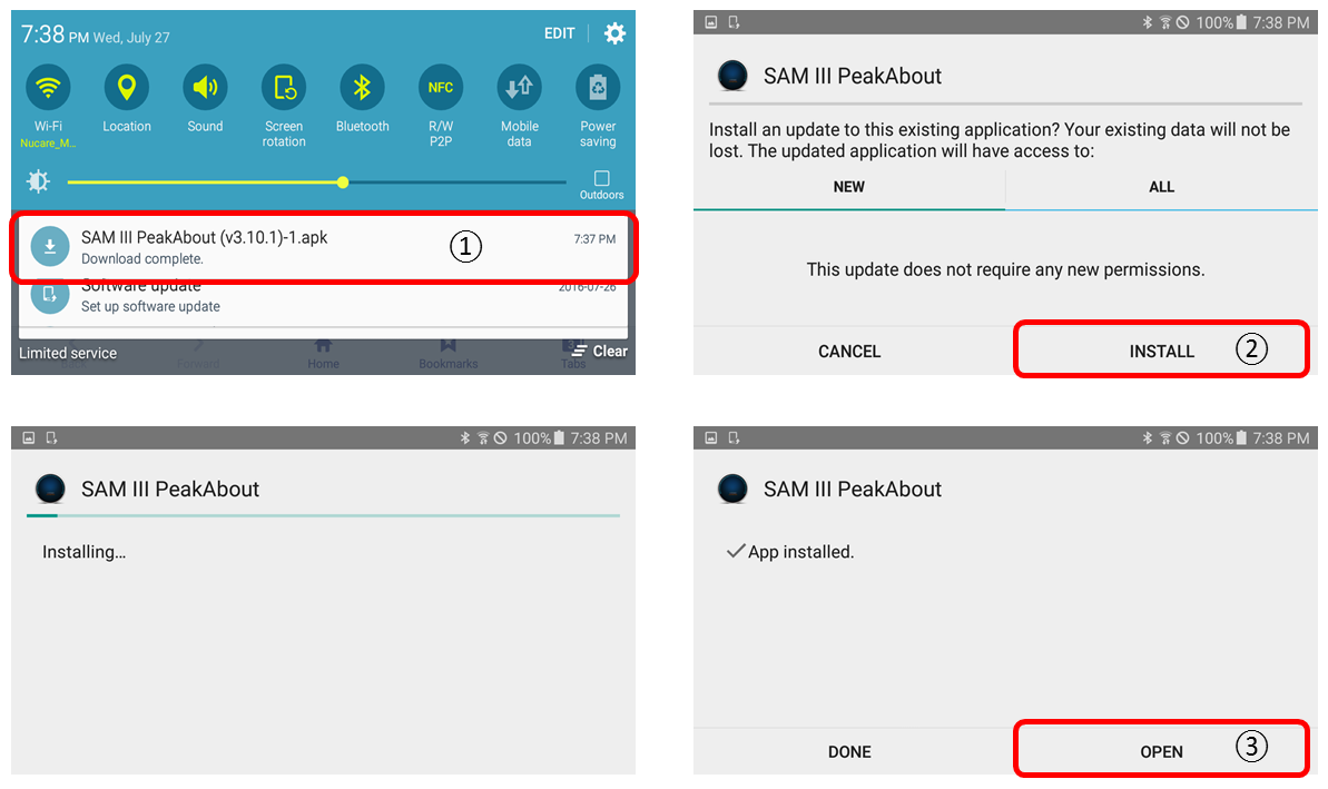 SAM III SW upgrade installation four-step screens
