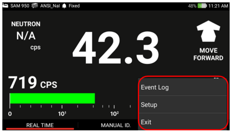 Pop-up menu showing Event Log, Setup and Exit on the main screen
