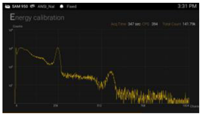 Energy calibration screen with spectrum and acquisition info