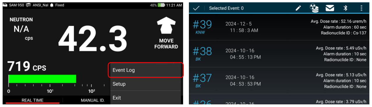 Entering the Event Log menu from the main screen pop-up