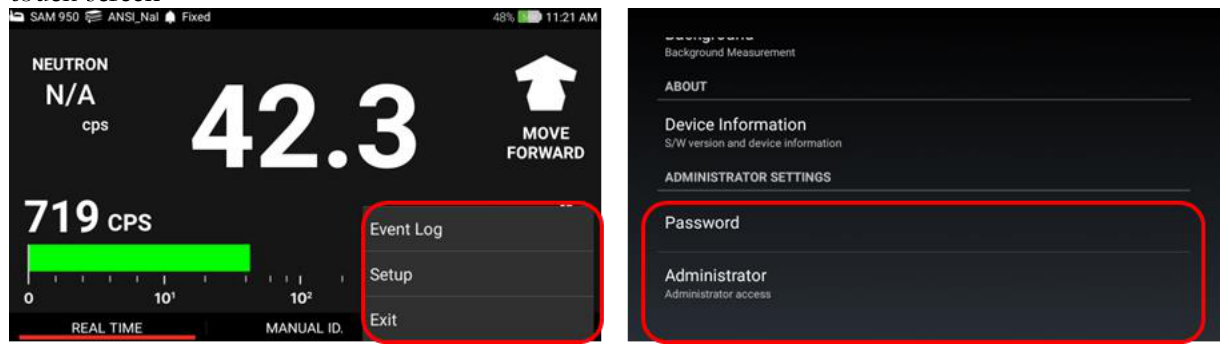Login example showing pop-up menu and Administrator password screen