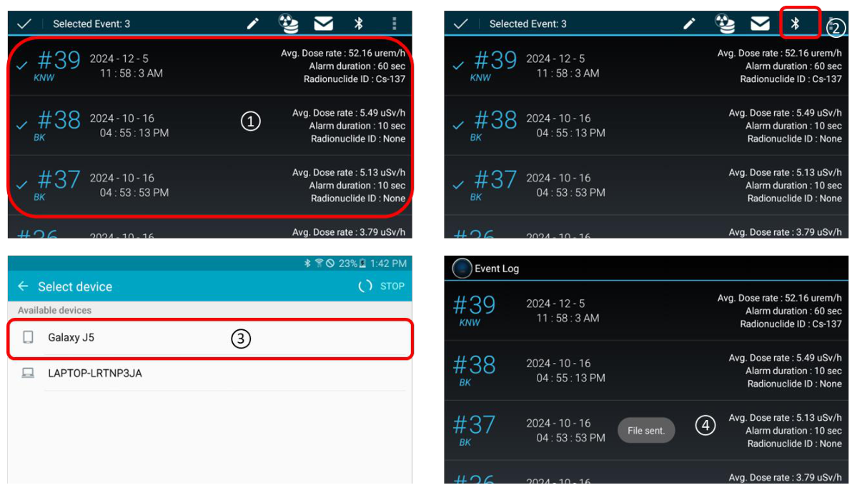 Sending events from the Event Log to another device via Bluetooth, device selection