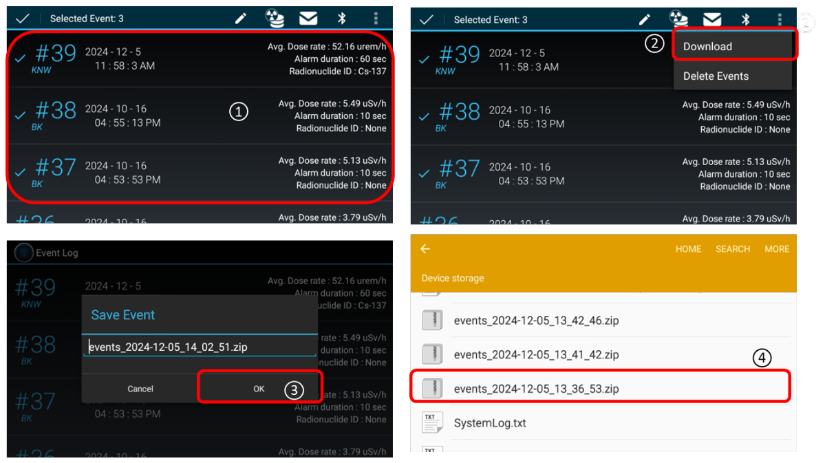 Downloading events to PDA storage, save dialog and device storage listing