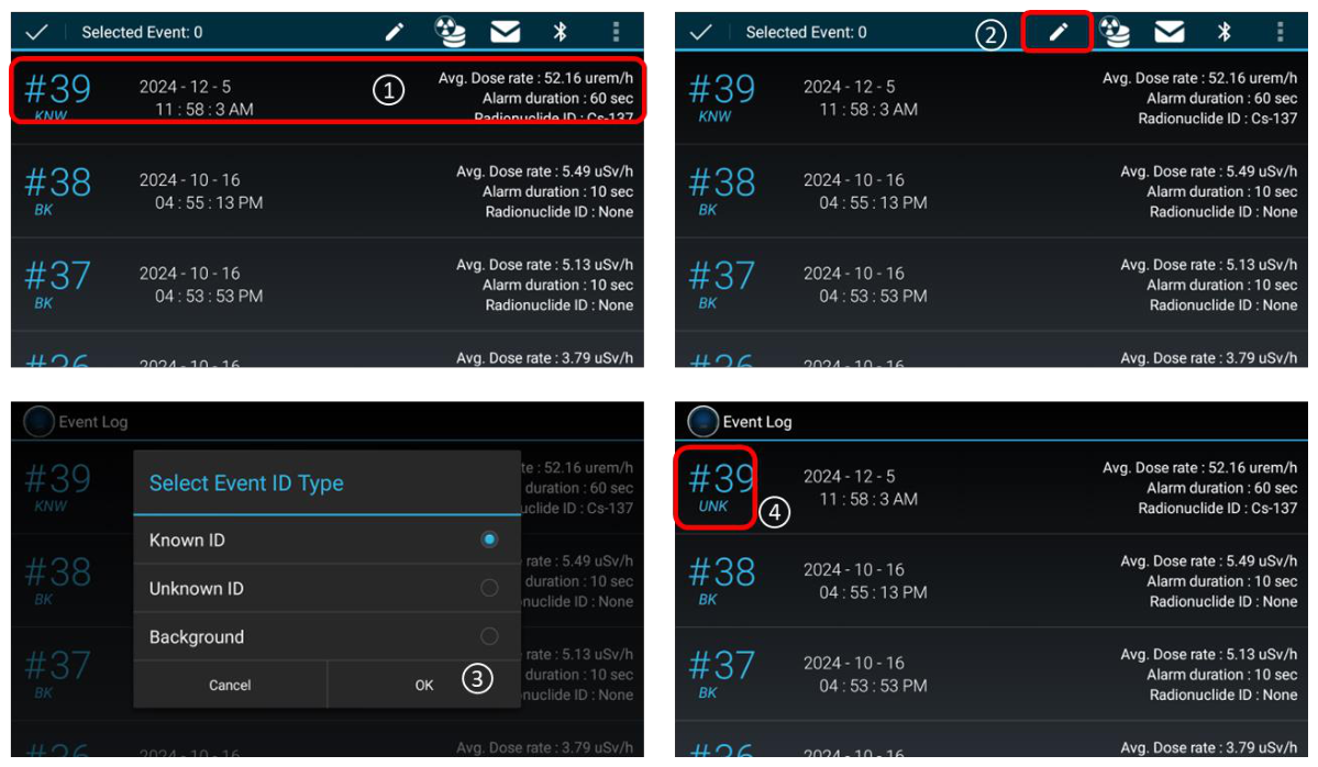 Edit event type: Select Event ID Type dialog (Known ID, Unknown ID, Background)