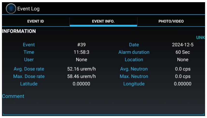 Event info screen with event, time, user, dose rate, neutron and location fields