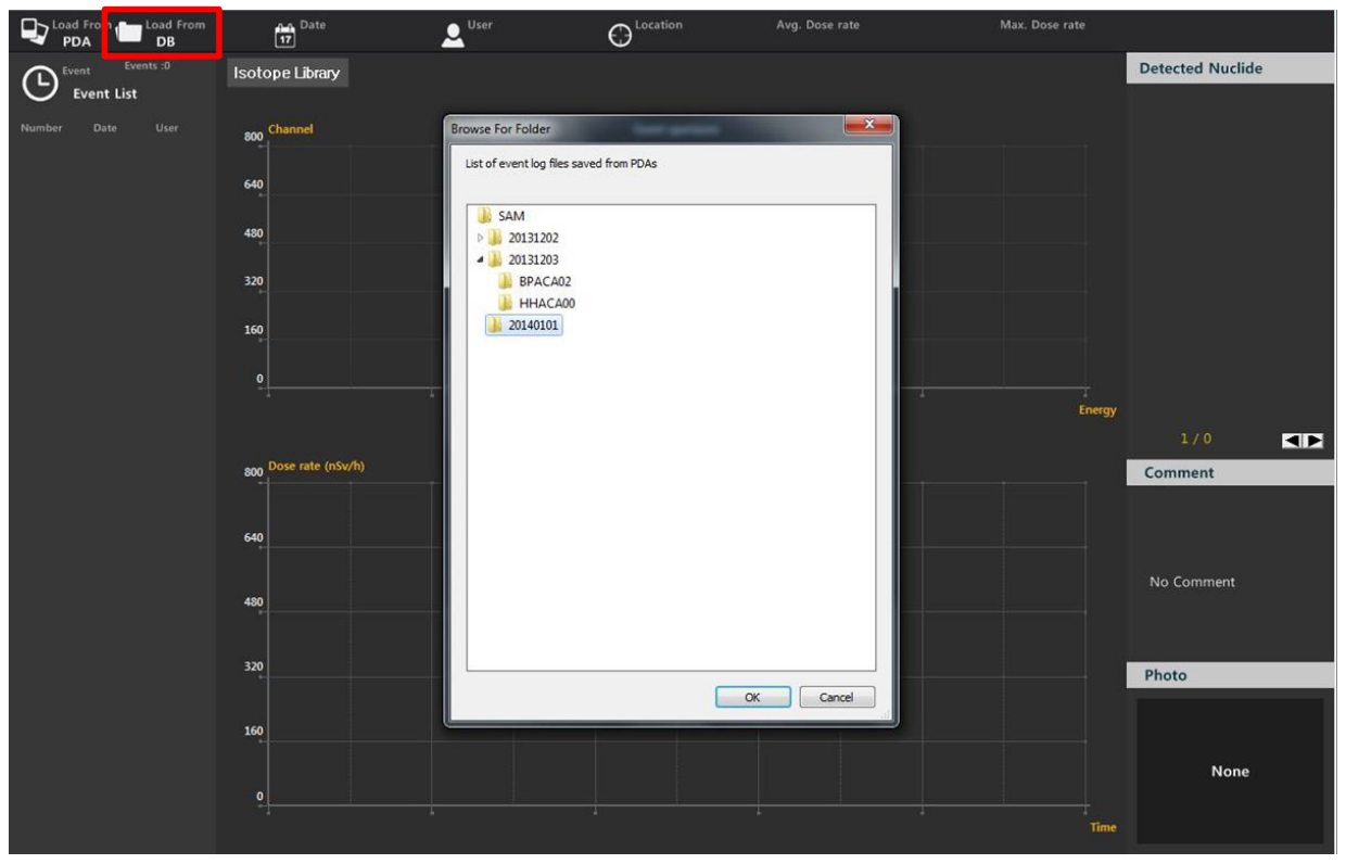 Event log download from the database with folder browser