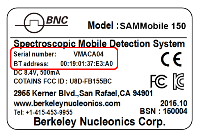 BT address and serial number