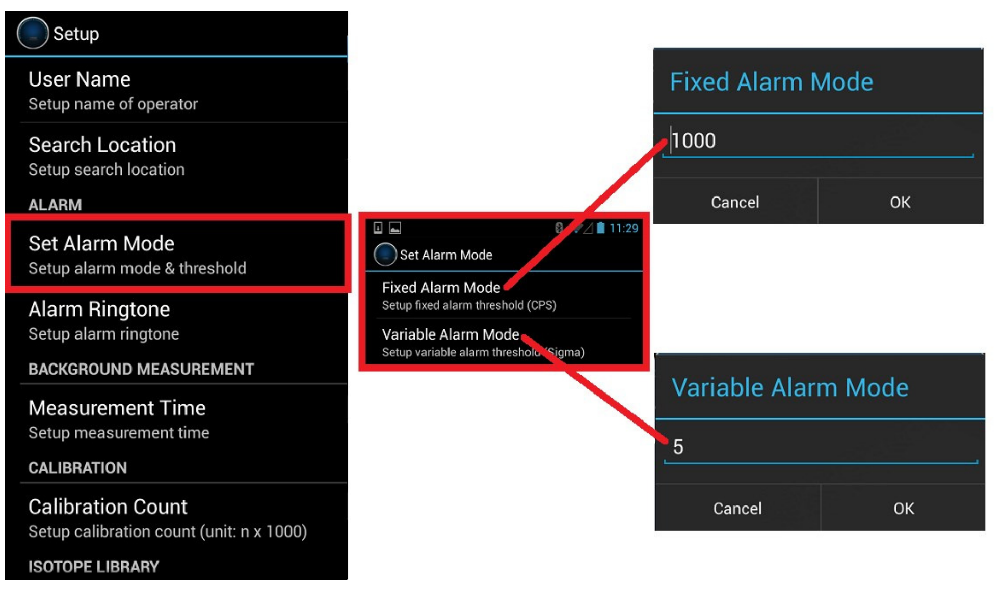 Figure 4.10. Alarm threshold configuration example showing Fixed and Variable Alarm Mode