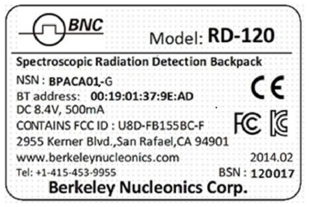 Figure 2.1. SAMpack 120 (RD-120) label showing power requirements, BSN, FCC ID, and CE mark