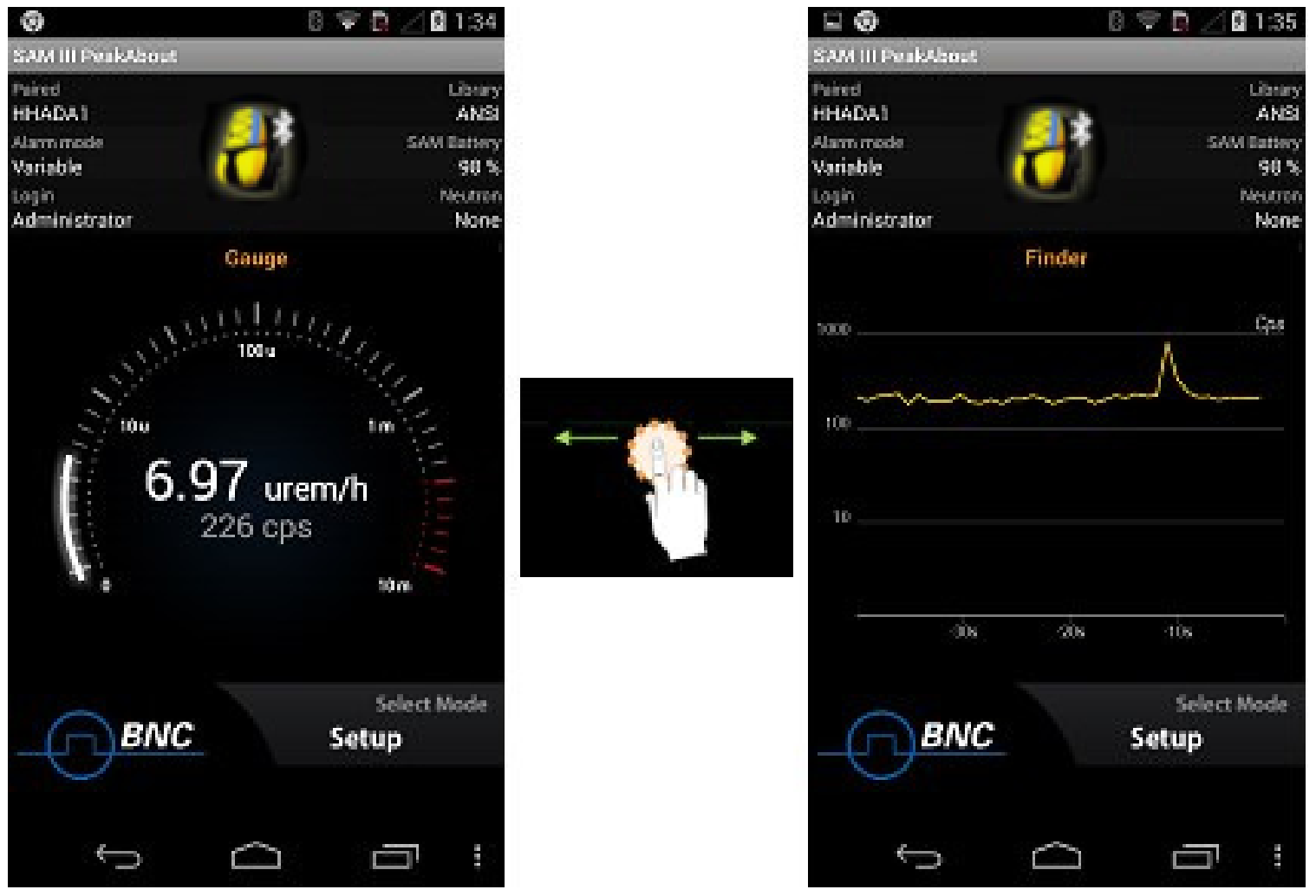 Figure 4.31. Gauge mode (left) and Finder mode (right), switched by swiping left or right