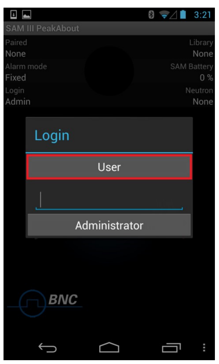 PeakAbout login screen with User and Administrator options