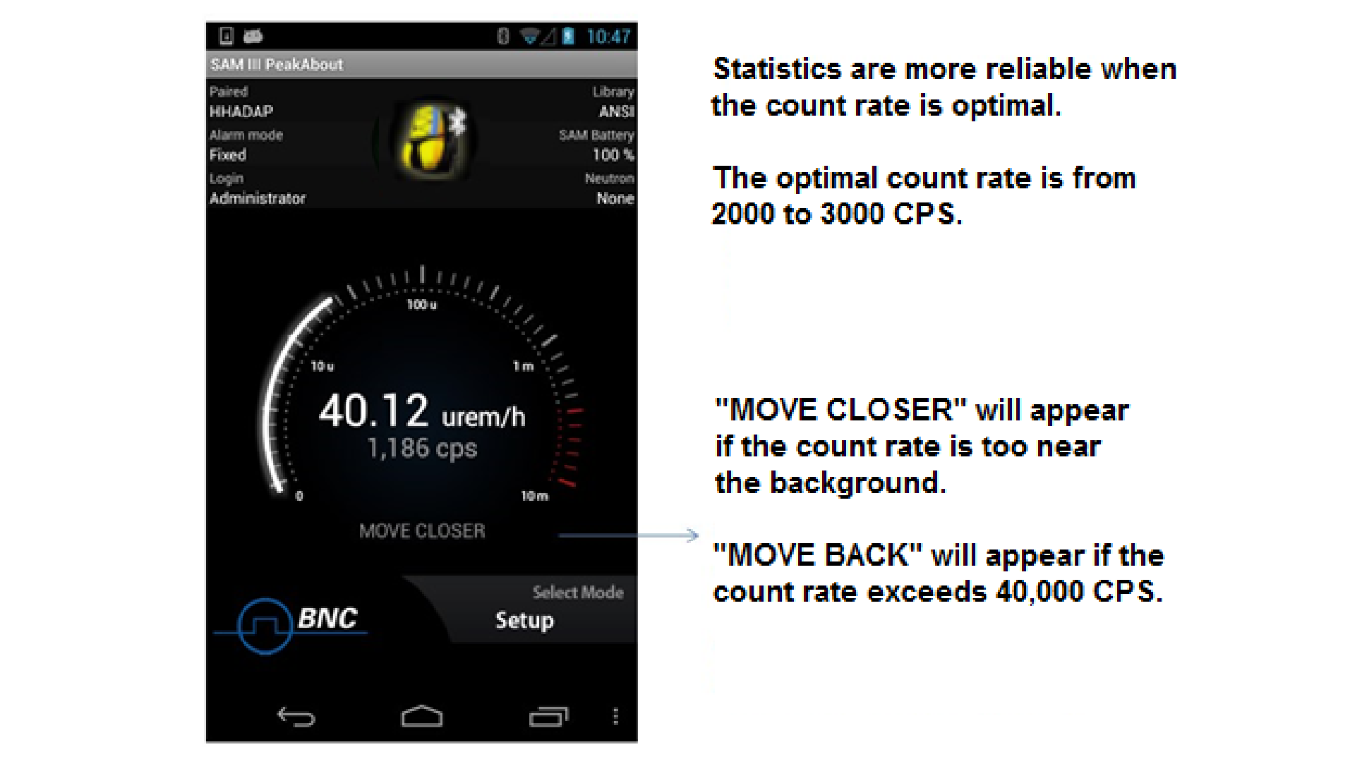 Figure 4.32. Move Closer example with guidance on optimal count rate