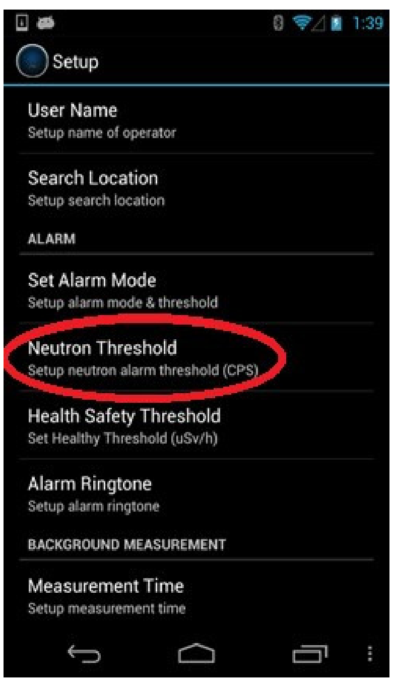 Neutron Threshold setting on the Setup menu