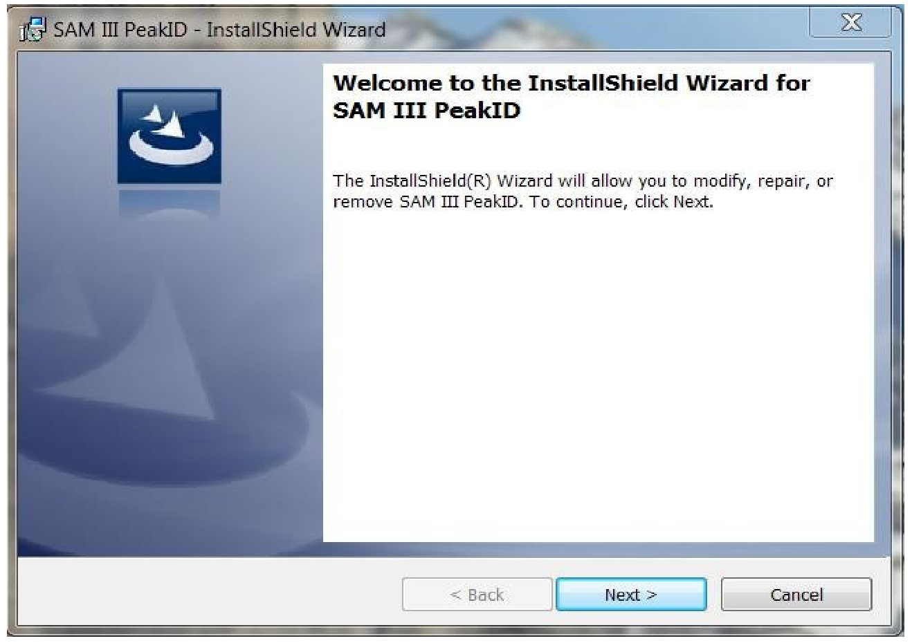 Figure 5.2. InstallShield Wizard for PeakID, initial welcome screen