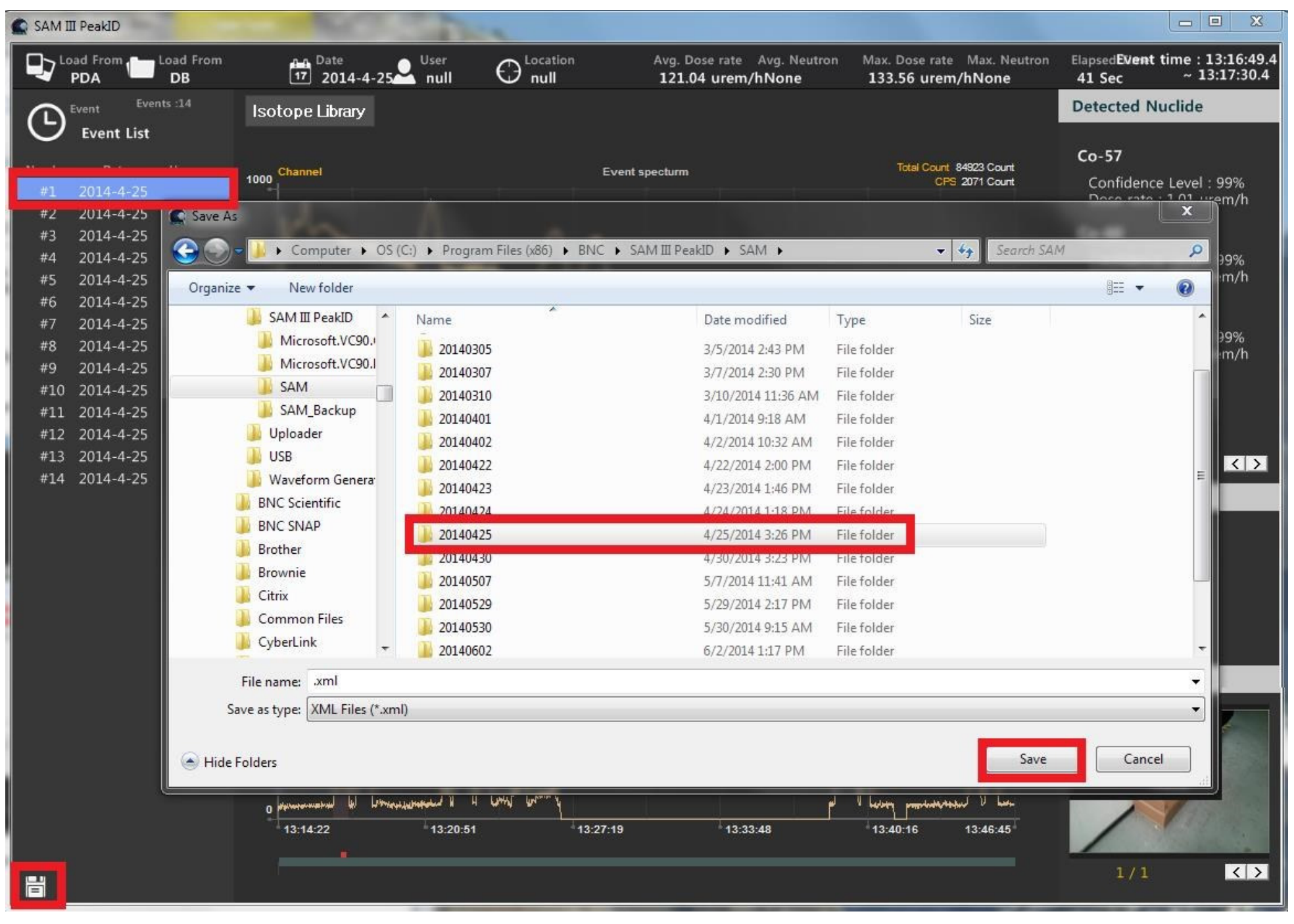 Figure 5.8. Saving event data in XML format showing the disk icon and destination directory screen