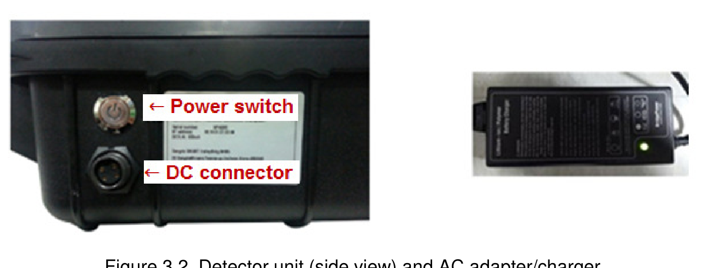 Figure 3.2. Detector unit side view showing power switch and DC connector, and the AC adapter/charger