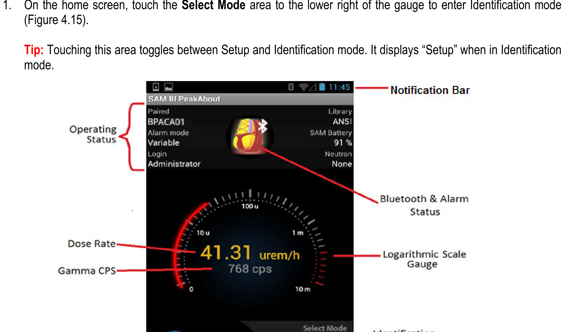 Figure 4.15. Annotated radiation measurement example showing notification bar, status display, gauge, and menu bar