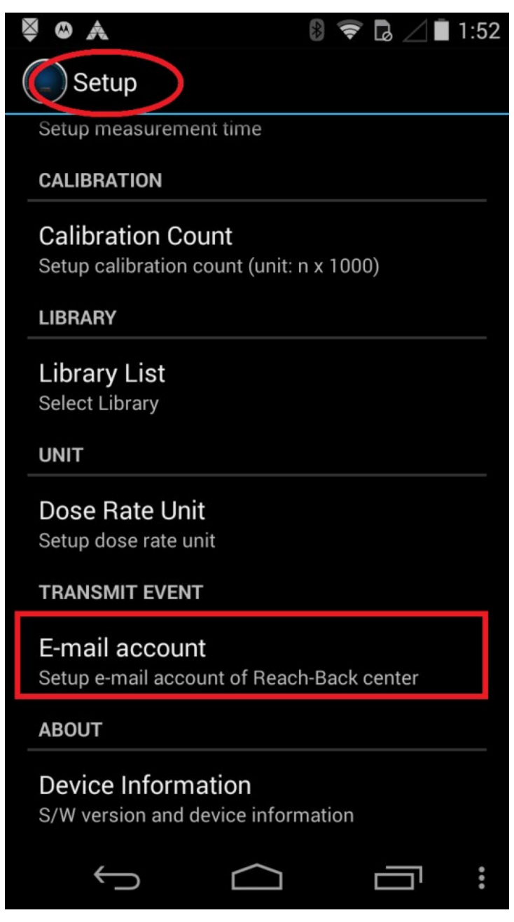 Setup menu with E-mail account under TRANSMIT EVENT