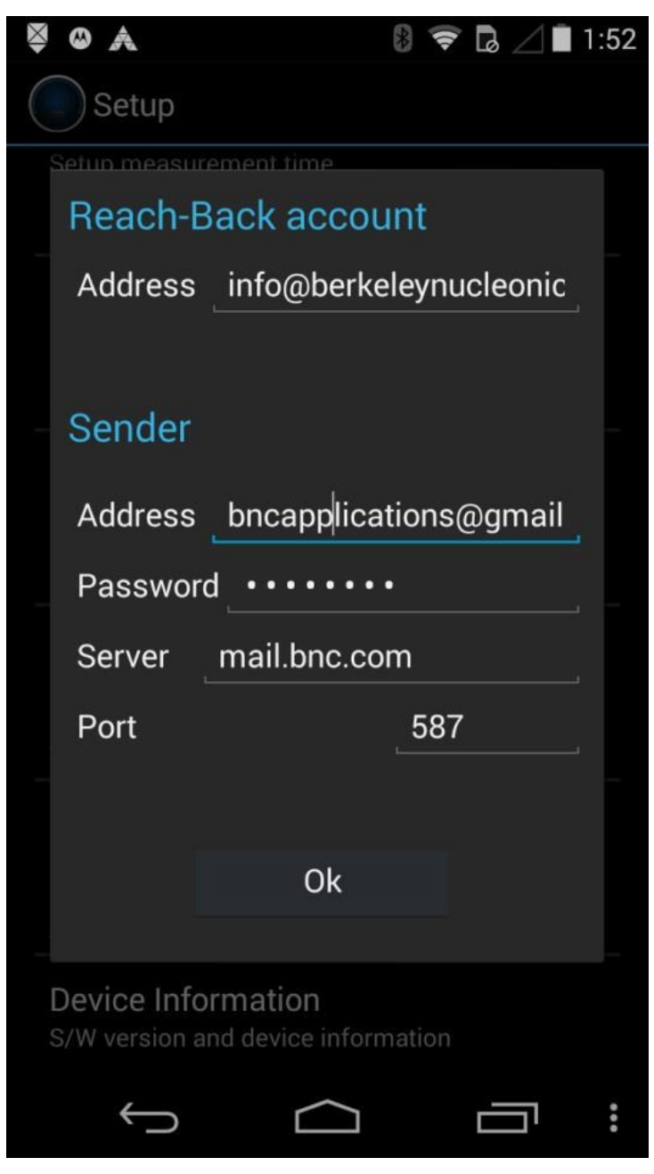 Reach-Back account and Sender email settings with SMTP server and port