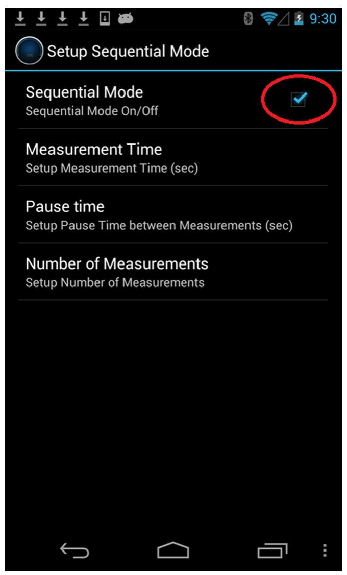Sequential mode settings: measurement time, pause time, number of measurements
