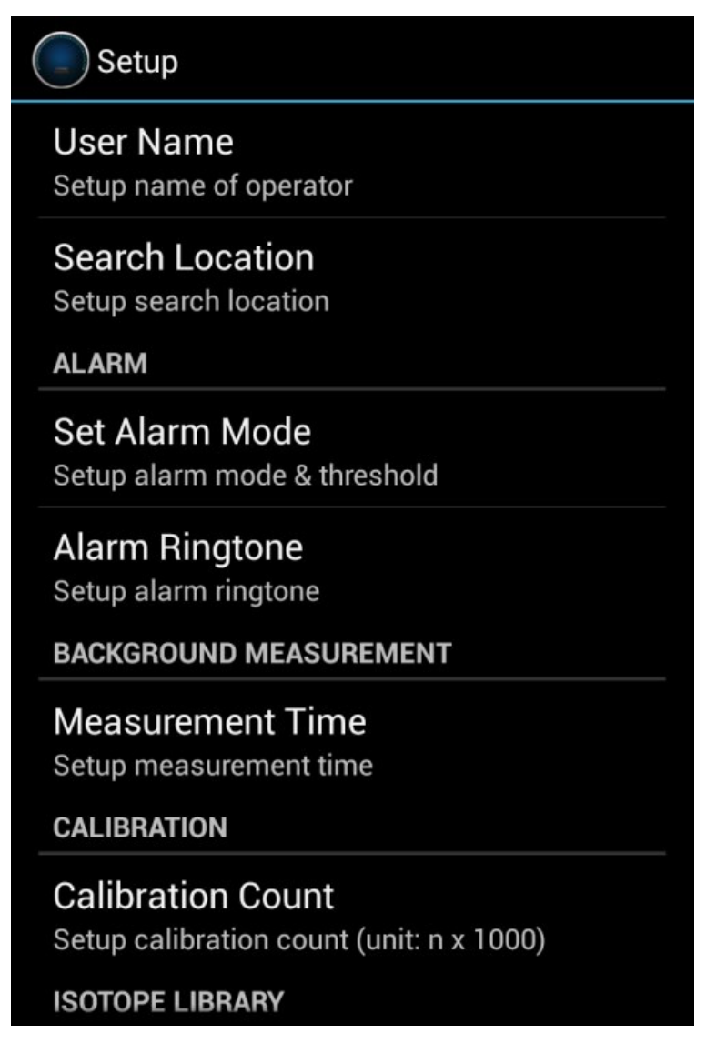 Setup menu screen, left
