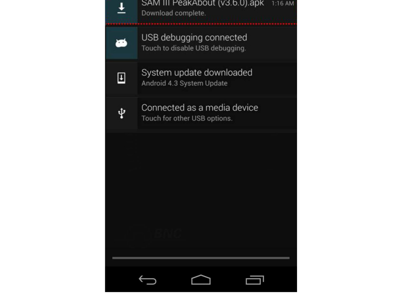 Figure 4.39. Smartphone status menu showing the downloaded SAM III PeakAbout apk
