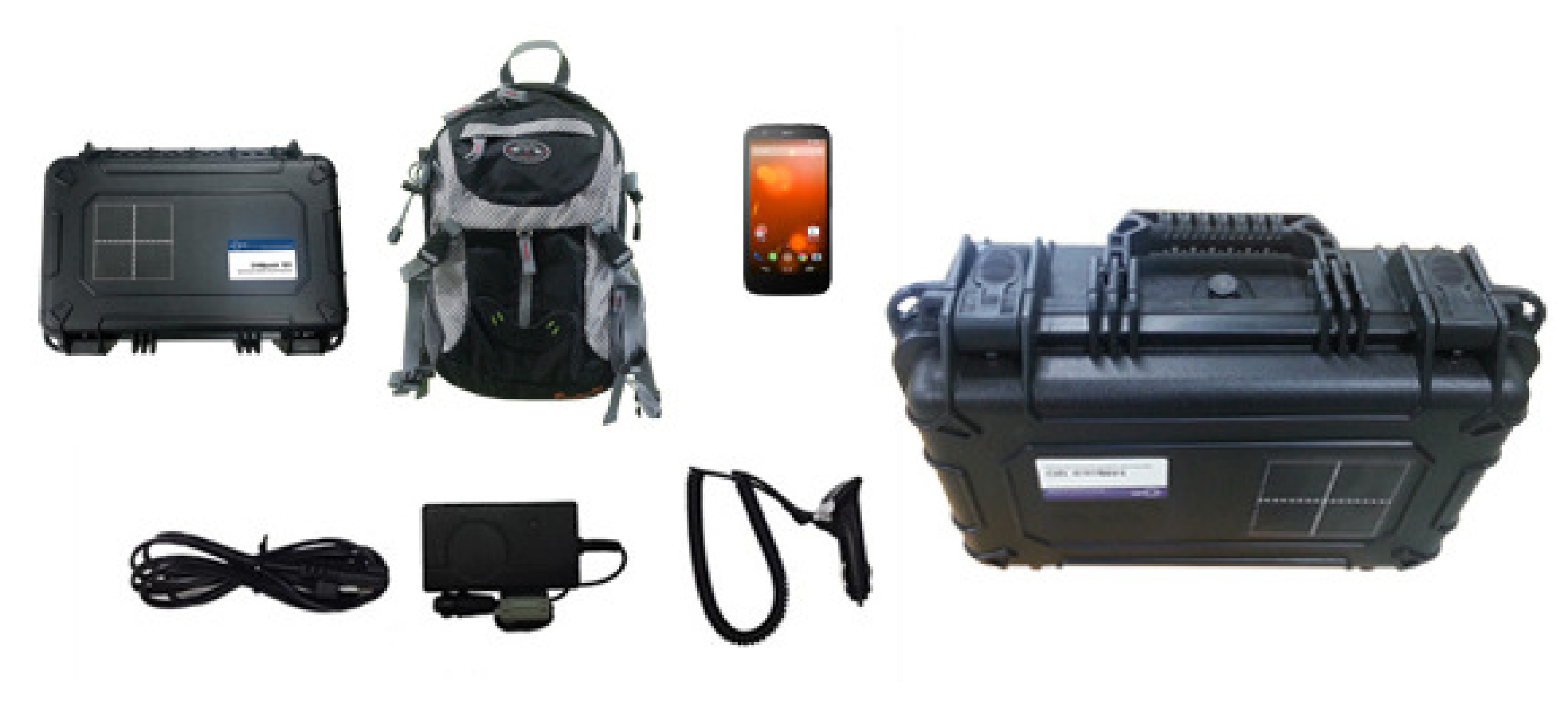 Figure 3.1. SAMpack 120 components: detector unit, backpack, smartphone, carrying case, chargers, and cable