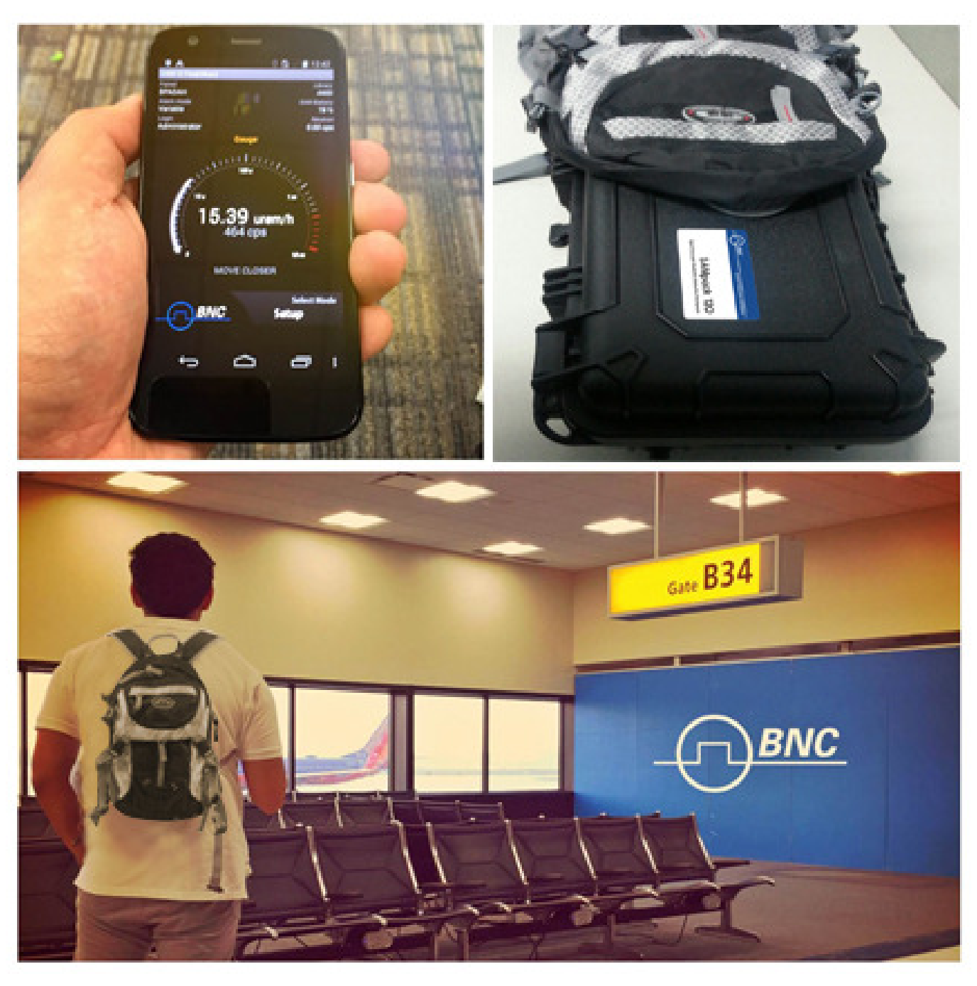 SAMpack 120 in use: PeakAbout on a smartphone, the detector unit inside the backpack, and an operator wearing the backpack discreetly in a public setting