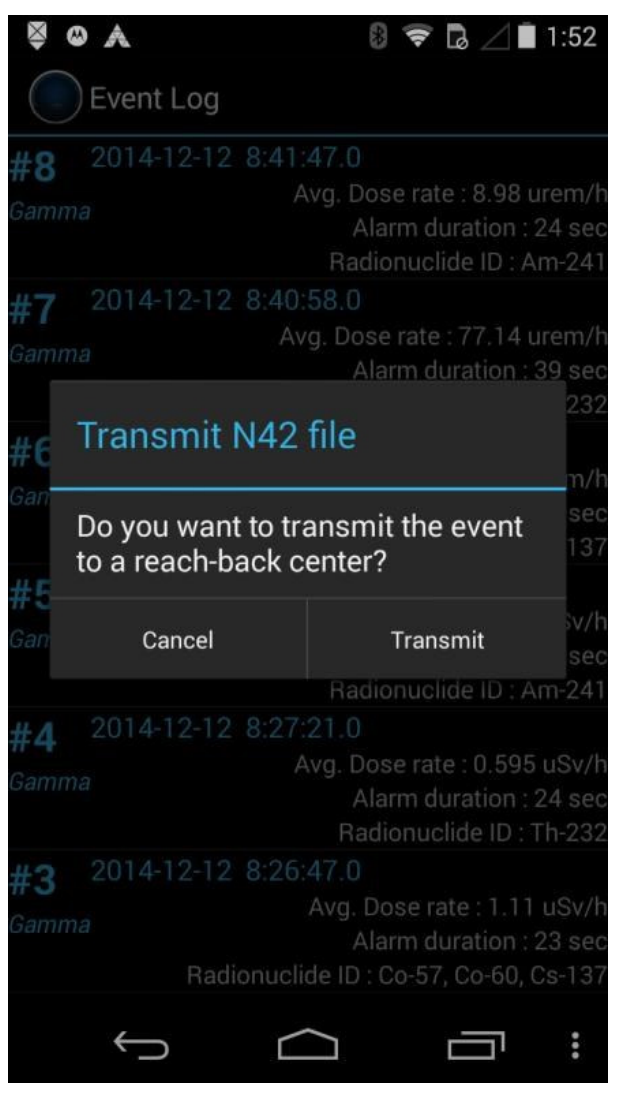 Transmit N42 file prompt with Transmit button
